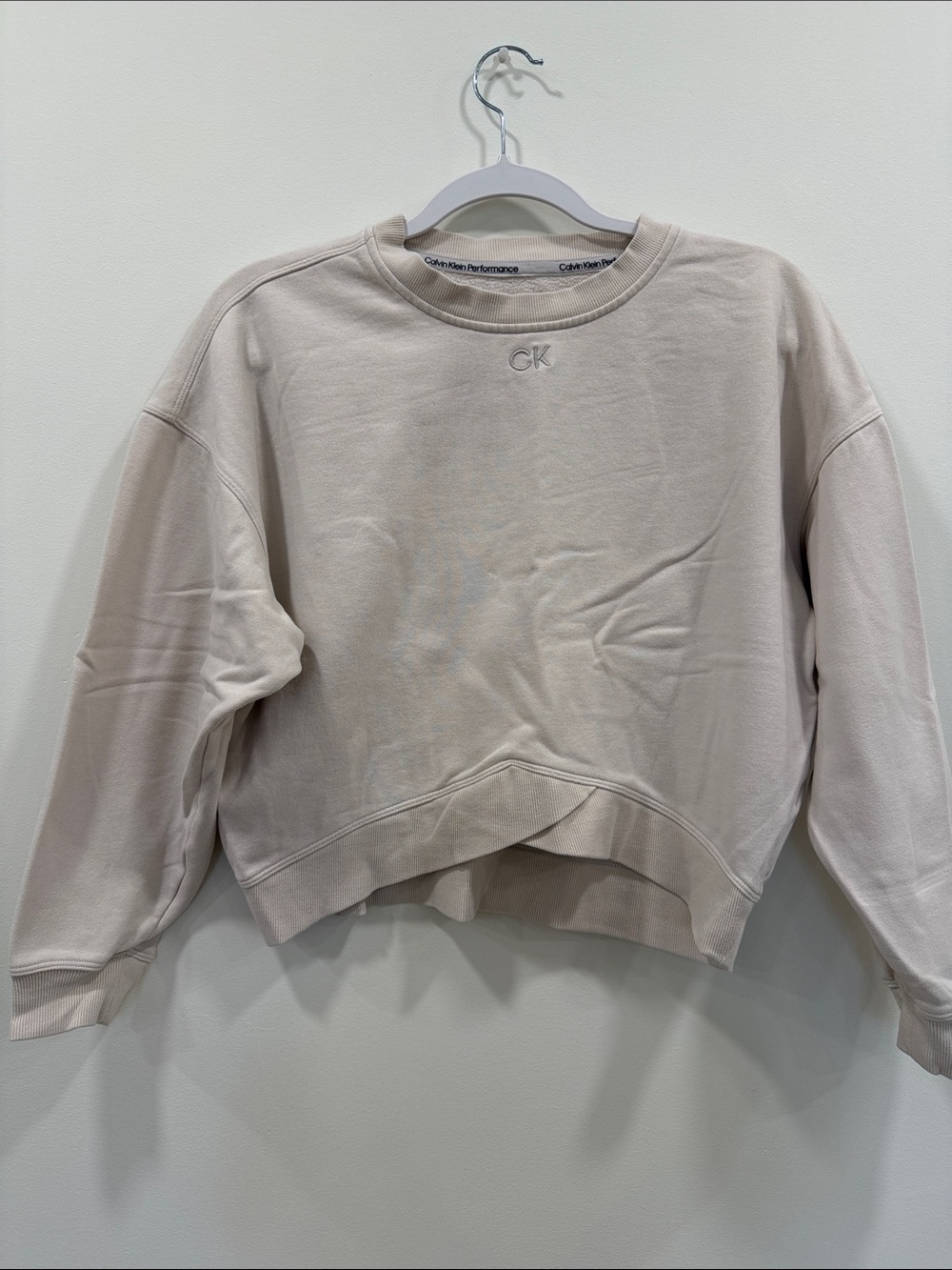 Calvin Klein Cropped Crewneck Sweatshirt in Light Taupe